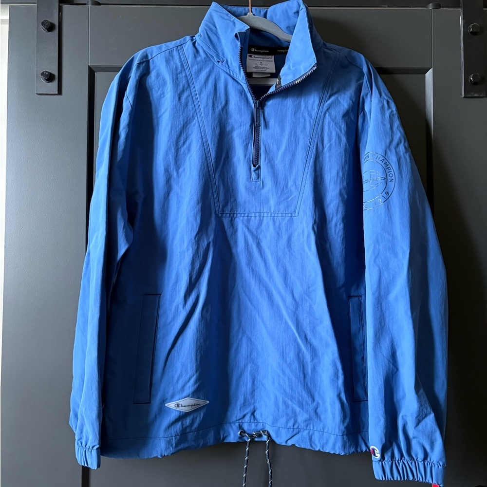 NWT Champion Blue Quarter-Zip Windbreaker Pullover, Built-in Tuck Away Hood